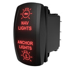 Angled rear-side view of illuminated nav/anchor rocker switch showing red backlit labels and connector pins