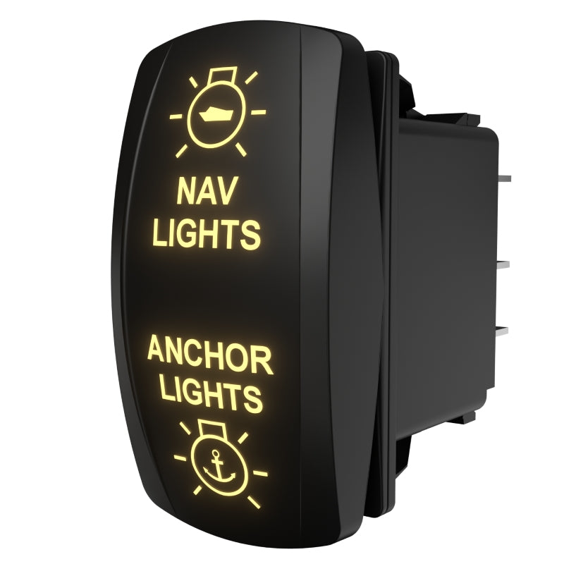 NAV/ANCHOR LIGHTS rocker switch, angled front view with illuminated labels and visible rear connectors