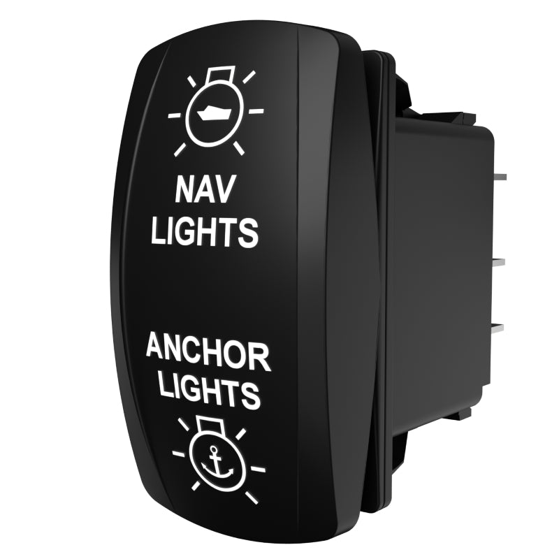 Carling Technologies black rocker switch labeled NAV LIGHTS and ANCHOR LIGHTS with icons