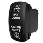 Carling Technologies black rocker switch labeled NAV LIGHTS and ANCHOR LIGHTS with icons