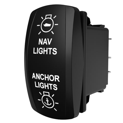 Carling Technologies black rocker switch labeled NAV LIGHTS and ANCHOR LIGHTS with icons