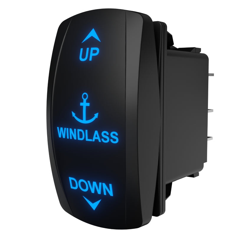 Windlass illuminated rocker switch, side angle showing blue UP/anchor/DOWN labels and rear connector pins