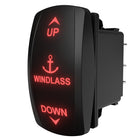 Windlass control rocker switch showing red-lit UP/anchor/DOWN labels and rear connector pins.