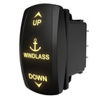 Carling windlass rocker switch, angled rear view with illuminated UP/anchor/WINDLASS/DOWN and spade terminals