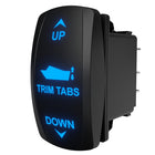 Side-rear view of trim-tabs switch with blue backlit UP/TRIM/DOWN labels and exposed spade terminals