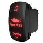 Angled side/rear view of trim tabs rocker switch showing illuminated UP/TRIM TABS/DOWN and spade connectors