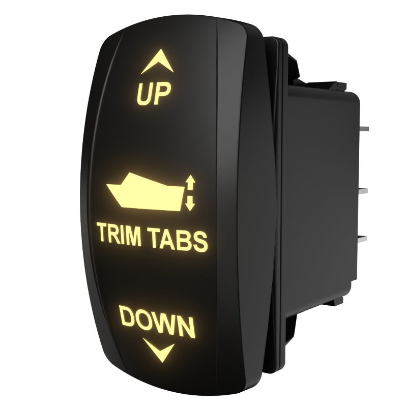 Angled side/rear view of illuminated TRIM TABS rocker showing UP/DOWN labels and rear connector pins.