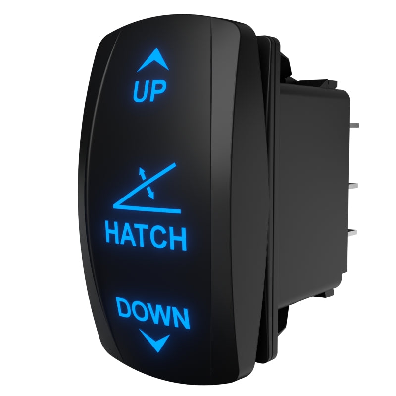Carling hatch rocker switch, angled side view with blue-lit UP/HATCH/DOWN labels and rear connector pins.