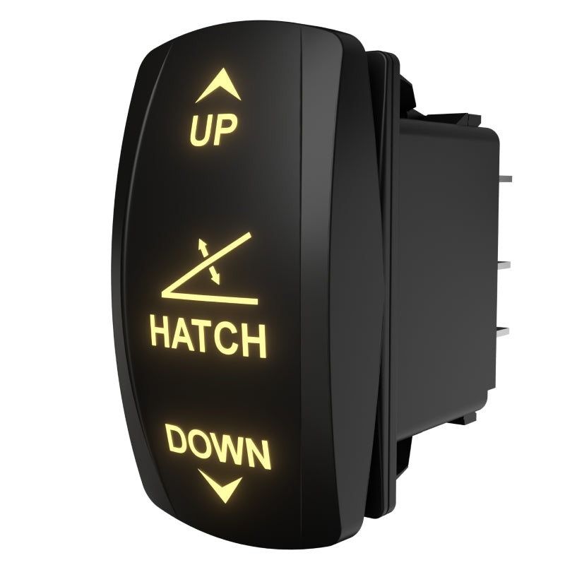 Angled rear view of Carling hatch rocker switch with lit UP/HATCH/DOWN legends and connector pins.