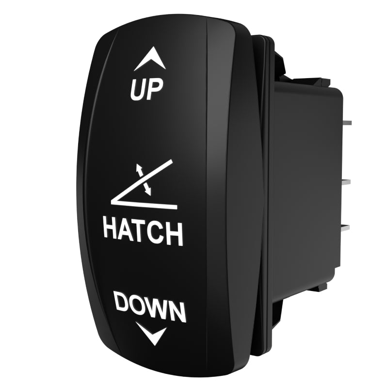 Carling Technologies black HATCH rocker switch labeled UP and DOWN with hatch tilt icon