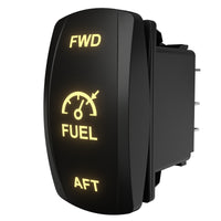 Carling Technologies illuminated FWD/FUEL/AFT rocker switch, angled rear view showing wiring terminals