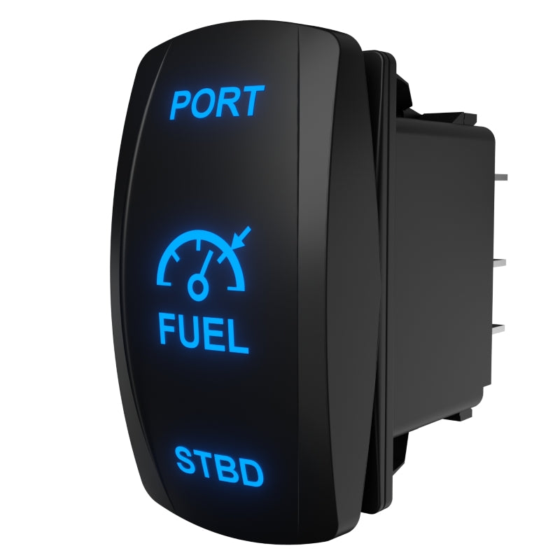 Angled rear-side view of Carling illuminated fuel port switch showing blue legend and rear connector pins.