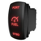 Angled front view of Carling fuel PORT/STBD rocker switch, red backlit legend and rear connector pins visible