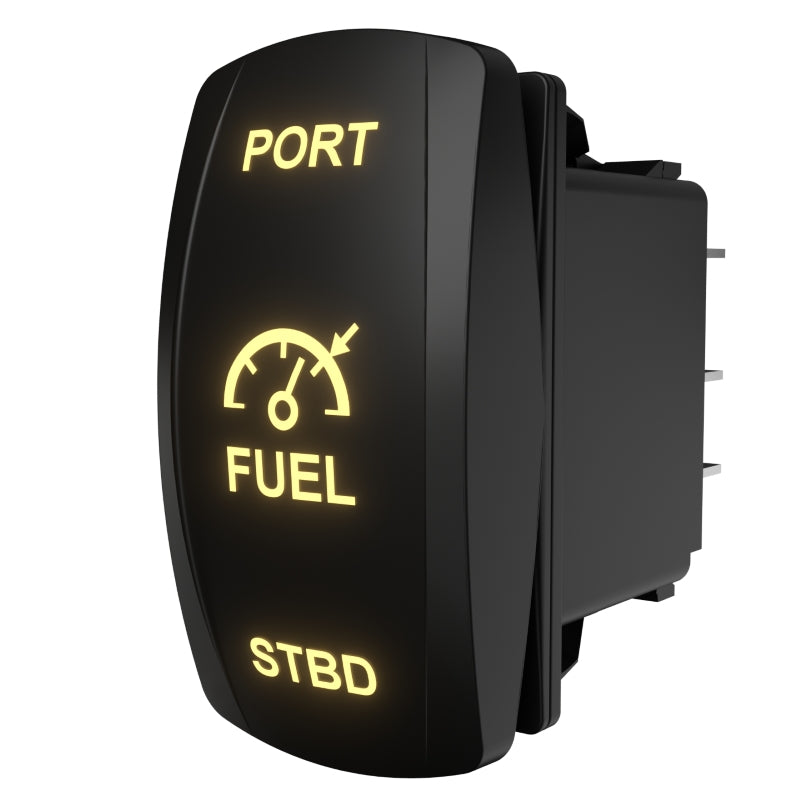 Angled front-right view of Carling backlit FUEL PORT/STBD switch showing illuminated legend and rear connector