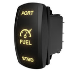 Angled front-right view of Carling backlit FUEL PORT/STBD switch showing illuminated legend and rear connector