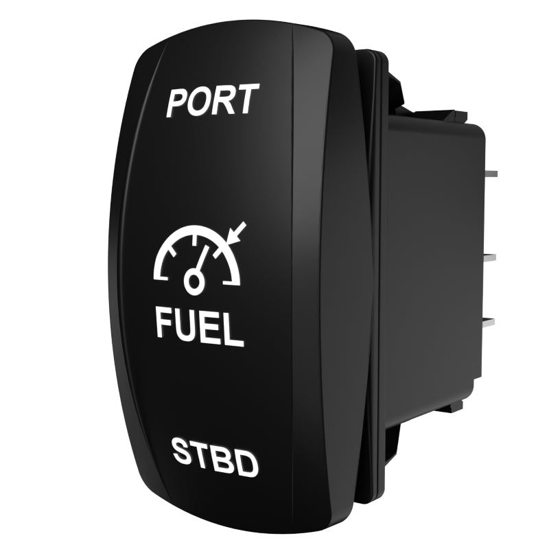 Carling Technologies black rocker switch labeled PORT FUEL STBD with fuel gauge icon