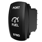 Carling Technologies black rocker switch labeled PORT FUEL STBD with fuel gauge icon