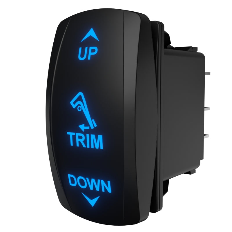 Carling TRIM up/down rocker switch, angled side/rear view showing illuminated legends and spade terminals