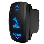 Carling TRIM up/down rocker switch, angled side/rear view showing illuminated legends and spade terminals