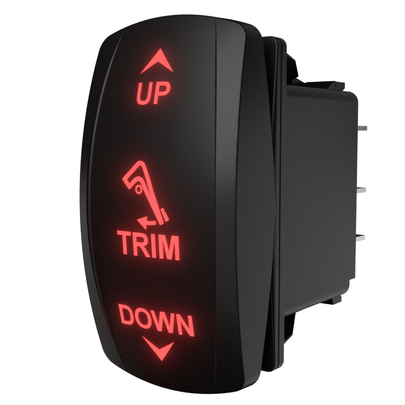 Trim up/down rocker switch, angled right-side view with red backlit UP/TRIM/DOWN labels and connector pins