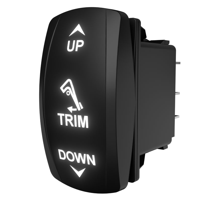 Angled side-rear view of illuminated trim up/down rocker switch, labeled face and rear terminals.