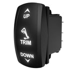Angled side-rear view of illuminated trim up/down rocker switch, labeled face and rear terminals.