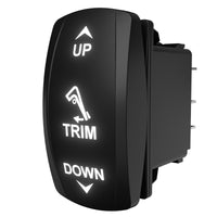 Angled side-rear view of illuminated trim up/down rocker switch, labeled face and rear terminals.