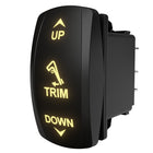 Right-side rear angle of Carling trim rocker switch showing illuminated UP/TRIM/DOWN and spade terminals.