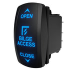 Angled side view of illuminated Bilge Access rocker switch with blue OPEN/BILGE ACCESS/CLOSE label and rear pins