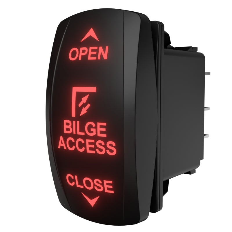 Carling bilge access rocker switch, angled front-side view showing red backlit labels and rear terminals.