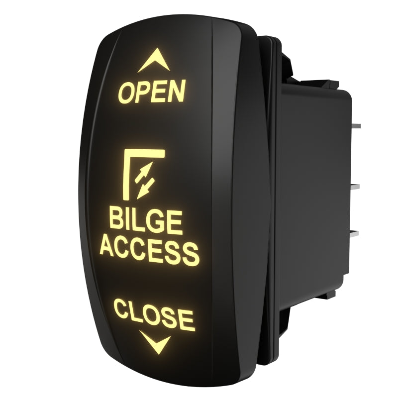 Rear-side view of Carling Technologies illuminated Bilge Access rocker switch with exposed spade terminals
