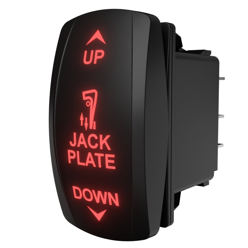 Carling Jack Plate rocker switch, angled side view showing illuminated UP/JACK PLATE/DOWN text and rear pins