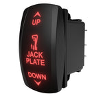 Carling Jack Plate rocker switch, angled side view showing illuminated UP/JACK PLATE/DOWN text and rear pins
