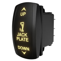 Jack plate rocker switch by Carling, angled side view with illuminated UP/JACK PLATE/DOWN labels and rear spade terminals
