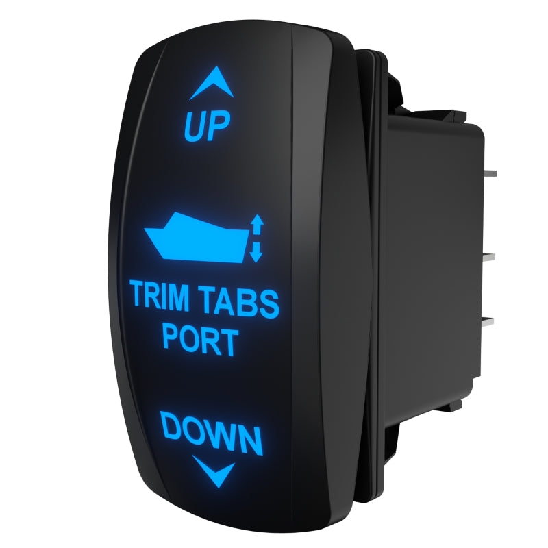 Angled side view of trim tabs port switch with blue backlit UP/boat/DOWN icons and rear connector pins.