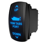 Angled side view of trim tabs port switch with blue backlit UP/boat/DOWN icons and rear connector pins.