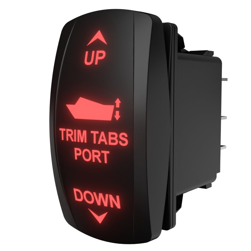 Angled side/rear view of a backlit Trim Tabs port rocker switch with illuminated UP/DOWN labels and exposed connector pins