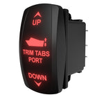 Angled side/rear view of a backlit Trim Tabs port rocker switch with illuminated UP/DOWN labels and exposed connector pins