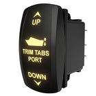 Angled side view of illuminated port trim-tabs rocker switch showing front labels and rear connector pins.