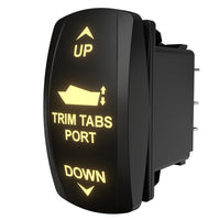 Angled side view of illuminated port trim-tabs rocker switch showing front labels and rear connector pins.
