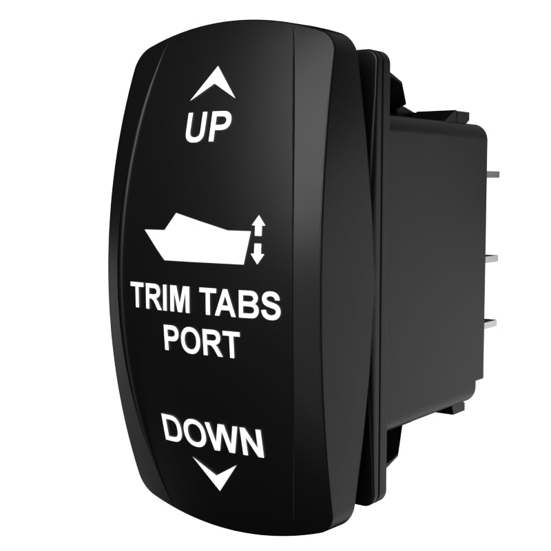 Carling Technologies black rocker switch labeled TRIM TABS PORT with UP/DOWN arrows