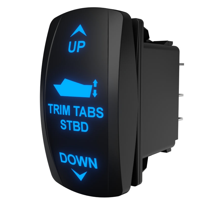 Starboard trim-tab rocker switch, angled rear/side view with blue backlit legend and exposed connector pins.