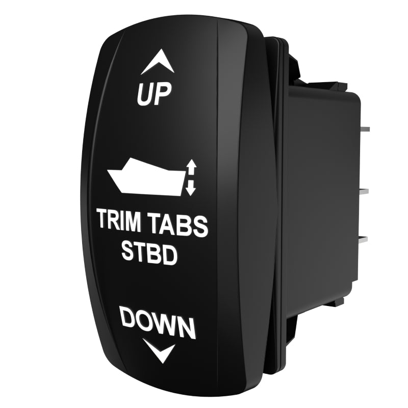 Carling Technologies TRIM TABS STBD black rocker switch with UP, boat icon and DOWN labels