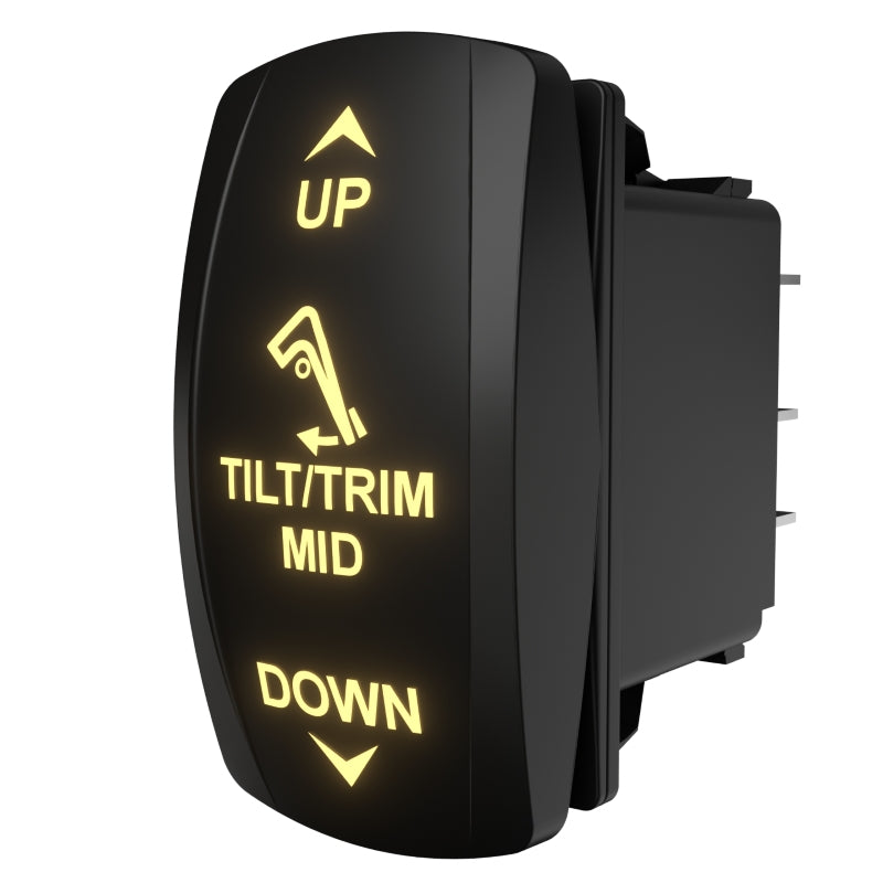 Carling Tilt/Trim Mid illuminated rocker switch, angled rear view showing spade terminals and front labels
