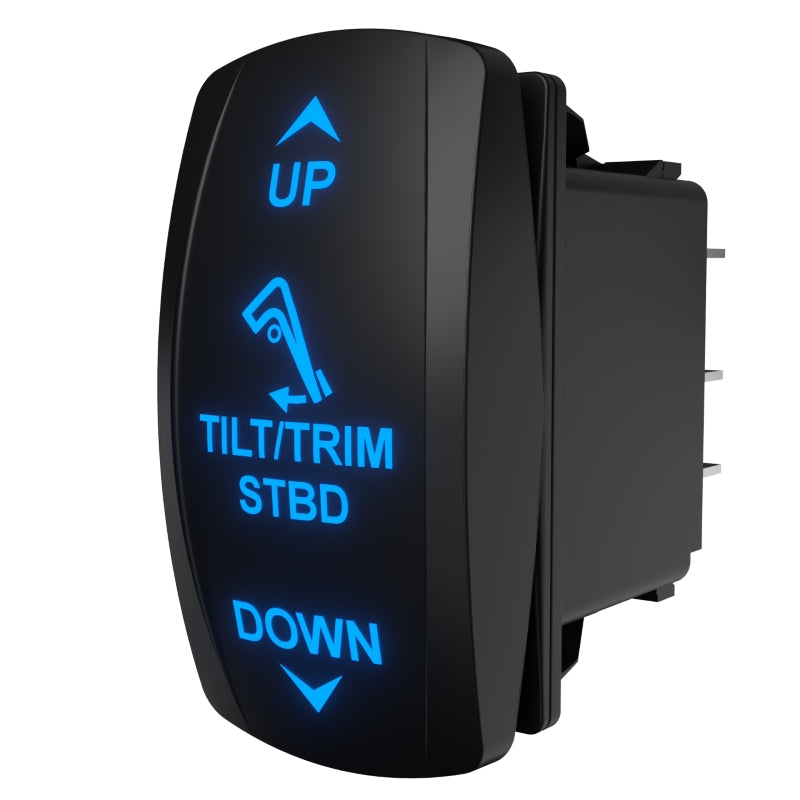 Starboard tilt/trim rocker switch angle with blue backlit UP/TILT/TRIM/DOWN labels and rear connector pins
