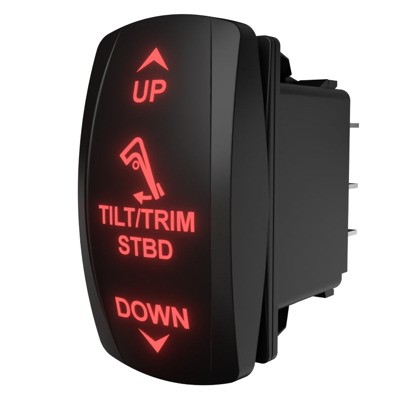 TILT/TRIM STBD rocker switch, angled front-right view showing red backlit UP/DOWN legends and rear connector pins