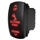 TILT/TRIM STBD rocker switch, angled front-right view showing red backlit UP/DOWN legends and rear connector pins