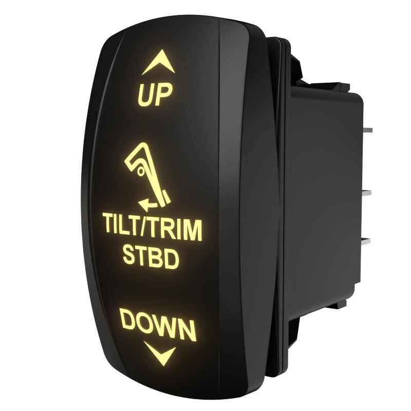 Rear-side view, Carling Technologies TILT/TRIM STBD illuminated rocker switch showing legends and rear connector pins.