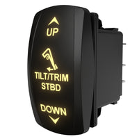 Rear-side view, Carling Technologies TILT/TRIM STBD illuminated rocker switch showing legends and rear connector pins.