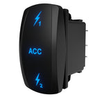Carling ACC 1/2 illuminated rocker switch, rear-side view showing blue backlit legends and spade terminals.